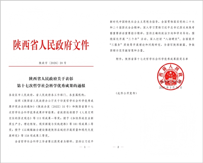 中特中心（宝鸡基地）骨干研究员王红梅教授荣获陕西省第十七次哲学社会科学优秀成果二等奖